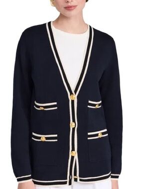 Alex Mill Navy Greta Cardigan with Cream Trim and Gold Buttons